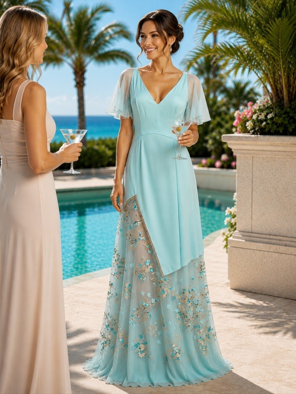 Blumarine Beaded Embroidered Aqua Gown • Made in Italy Sheer Floral Maxi Dress - Picture 2 of 15